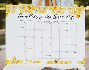 Bee Baby Due Date Calendar Game, Bee Baby Predictions, Gender Neutral Baby Shower, Editable Text with Corjl #024