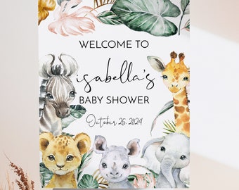 Editable Safari Welcome Baby Shower Sign Printable Tropical Blush Jungle Animals Instant Download Corjl #35C