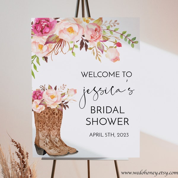Boots Welcome Bridal Shower Sign, Country Western Sign Template, Boho Floral, Editable Text with Corjl #92