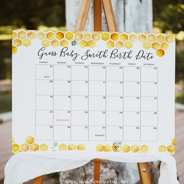 Bee Baby Due Date Calendar Game, Bee Baby Predictions, Gender Neutral Baby Shower, Editable Text with Corjl #024