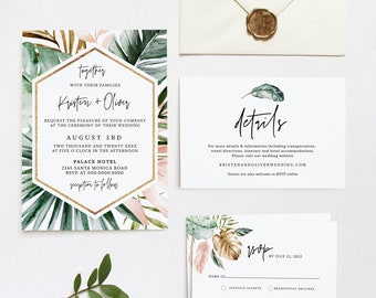 Tropical Wedding Invitation Suite, Tropical Blush Wedding Rsvp Card and Details, Editable Text with Corjl #0076