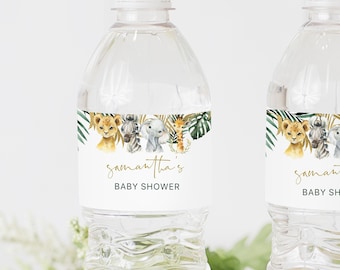 Safari Jungle Water Bottle Labels, Gold Green Jungle, Editable Text with Corjl #023