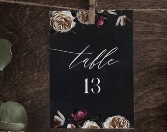 Hochzeitstischnummern zum Ausdrucken, Moody Floral, echte Blumen, DIY-Sofort-Download, bearbeitbar mit Corjl #WDH045