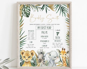 Editable Safari Baby Milestone Board, Jungle First Birthday Poster, 1st Birthday Milestone, Edit with Corjl #023