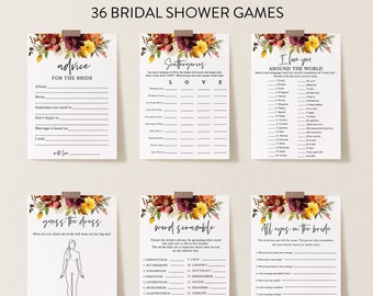 Autumn Bridal Shower Games Package, Burgundy Orange Yellow Flowers, Personalize Name and Questions, Editable Games with Corjl #055