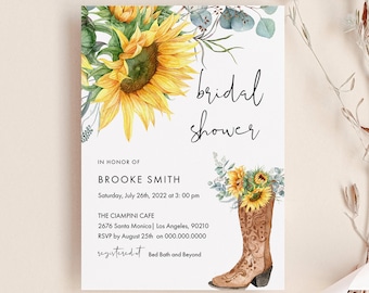 Sunflower Boots Bridal Shower Invitation, Country Western Invite, Editable Text with Corj #96