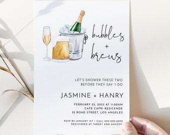 Bubbles and Brews Couples Shower Invitation, Brews and Bubbly Invite, Editable Text with Corj #0099