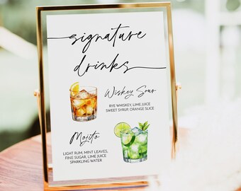 Signature Drinks Sign Template, Editable Sign Drinks, Minimalist Wedding Bar Menu Poster, Corjl #036B