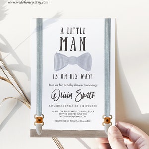 Little Man Baby Shower Invitation Printable Boy Bow Tie Light Blue Template Editable Text with Corjl #88