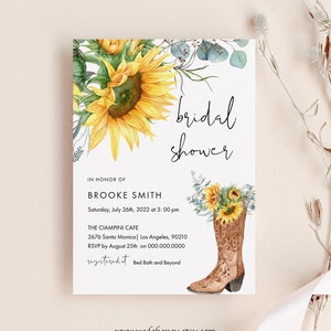 Sunflower Boots Bridal Shower Invitation, Country Western Invite, Editable Text with Corj #96