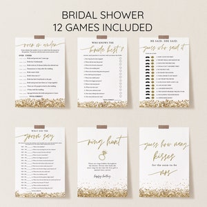 Gold Glitter Bridal Shower Game Bundle, Sequins Bridal, Personalize Name and Questions, Shower Activities, Corjl #RGG23