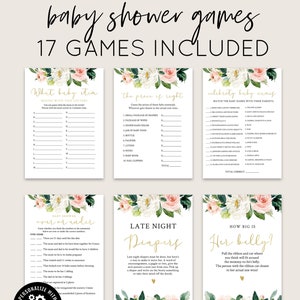 Blush Burgundy Floral Roses Baby Girl INSTANT DOWNLOAD Baby Shower Games Bundle 8x Rose Gold Glitter Party Games Printable FLO37