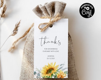 Rustic Sunflower Thank You Favor Tag Template, Yellow Shower Tag, Editable Text with Corjl #83