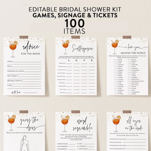 Aperol Spritz Bridal Shower Game Bundle, Cocktail Party Shower Games, Edit Text with Corjl #41