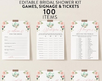 Tea Party Bridal Shower Game Bundle, 100 Items, Personalize Name and Questions, Tea Pots Bridal Games, Editable Games with Corjl #098