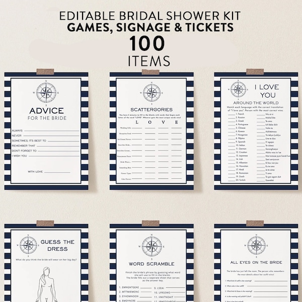 Nautical Bridal Shower Game Bundle, 100 Items, Sail Before The Veil, Personalize Name and Questions, Activities, Editable Games with Corjl