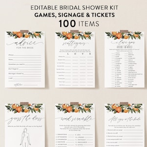 Citrus Bridal Shower Games Bundle, Orange Package, 36 Games, Personalize Name and Questions, Edit with Corjl