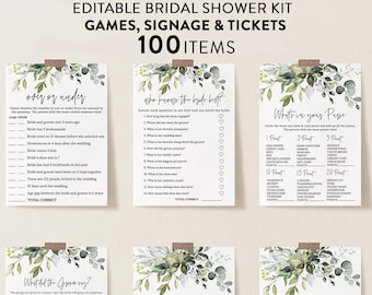 Greenery Bridal Shower Games Bundle, 100 Items, Foliage Wedding Shower Games, Customize Bundle, Name and Questions, Edit with Corjl #005