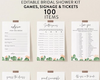 Succulent Cactus Bridal Games Bundle, 100 Items, Fiesta Wedding Shower Games, Customize Bundle, Name and Questions, Edit with Corjl #04