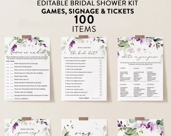 Lavender Floral Bridal Game Bundle, 100 Items, Purple Flowers, Editable Party Shower Games, Edit Text with Corjl #0011