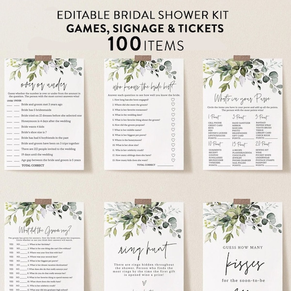 Greenery Bridal Shower Games Bundle, 100 Items, Foliage Wedding Shower Games, Customize Bundle, Name and Questions, Edit with Corjl #005