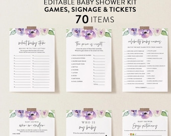 Lavender Baby Shower Games Package, 70 Items, Boho Purple Floral Game, Editable Baby Games with Corjl #085