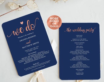 Navy and Rose Gold Wedding Programs, Instant Download