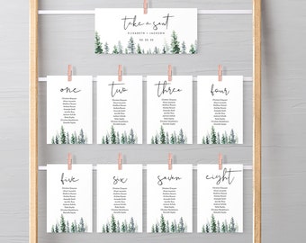 Pine Tree Wedding Seating Cards, Seating Chart Template, Winter Forest, Editable Text with Corjl #033