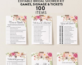 Boho Floral Bridal Shower Games Bundle, 100 Items, Personalize Name and Questions, Shower Activities, Editable Text with Corjl #008