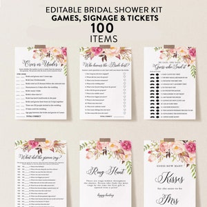 Boho Floral Bridal Shower Games Bundle, 100 Items, Personalize Name and Questions, Shower Activities, Editable Text with Corjl #008