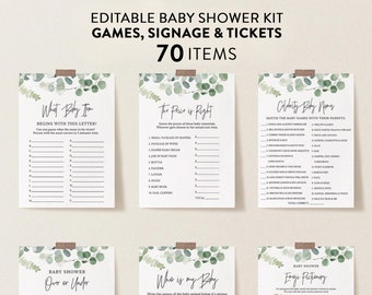 Greenery Baby Shower Games Bundle, Eucalyptus, Editable Baby Games with Corjl #321