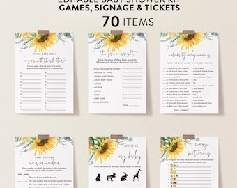 Rustic Sunflower Baby Shower Games Bundle, Watercolor Sunflowers Game Printable, Personalize Name and Questions, Edit Text with Corjl #83