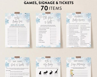 Snowflakes Baby Shower Games, Blue Silver Baby Game Printable, Winter Baby Bundle, Party Game Cards, Corjl Template #22