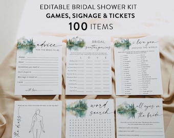 Mountain Bridal Shower Games Bundle, 100 Editable Items, Forest Bridal Game, Mountains Template, Personalize Name and Questions, Corjl #053B