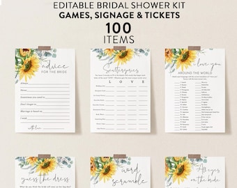 Sunflower Bridal Shower Games, Sunflowers Bundle, 100 Items, Personalize Name and Questions, Edit with Corjl #83