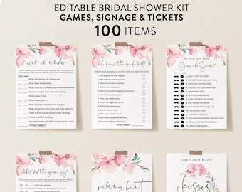 Spring  Bridal Shower Game Bundle, Sakura Blossoms, 100 Items, Personalize Name and Questions, Editable Text with  Corjl #001