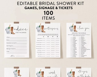 Boots and Bubbly Bridal Shower Game Bundle, Bubbles Party Shower Games, 100 Items, Edit Text with Corjl #0099