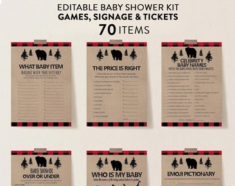 Lumberjack Baby Shower Games Bundle, Buffalo Plaid Baby Shower Games Package, Editable Games with Corjl #07