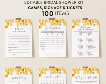 Honey Bee Bridal Shower Games Bundle, Editable Package, Personalize Name and Questions, Edit Text with Corjl #024