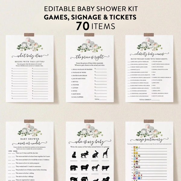 Koala Baby Shower Games Package, Koala Animal Set, Editable Baby Games with Corjl #0055