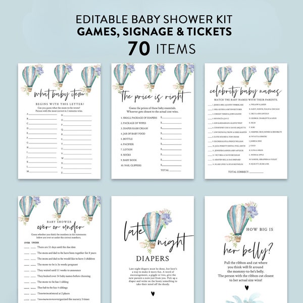 Blue Hot Air Balloon Baby Shower Games Package, Baby Boy Game Printable, Editable Games with Corjl #33