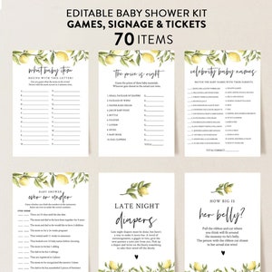 Lemon Baby Shower Game Bundle, Editable Games, Lemon and Greenery, Citrus Lemon Shower, Editable Template, #087