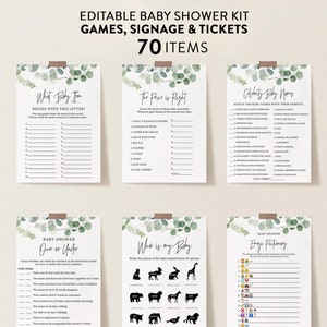 Greenery Baby Shower Games Bundle, Eucalyptus, Editable Baby Games with Corjl #321