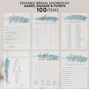 Minimalist Bridal Shower Games Bundle, 100 Editable Items, Blue Watercolor Splashes, Personalize Name and Questions, Fun Games, Corjl #035B