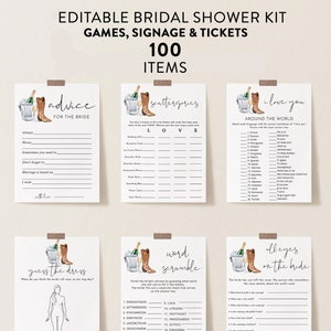 Boots and Bubbly Bridal Shower Game Bundle, Bubbles Party Shower Games, 100 Items, Edit Text with Corjl #0099