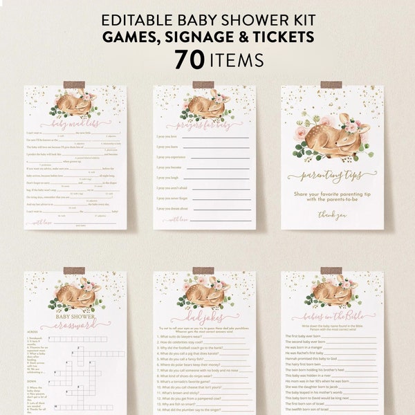 Deer Girl Baby Shower Games Bundle, Personalize Questions, Editable Games with Corjl #73