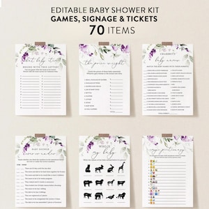 Lavender Baby Shower Games, Lilac Flowers for Baby, 70 Items,  Personalize Name and Questions, Corjl Template #0011