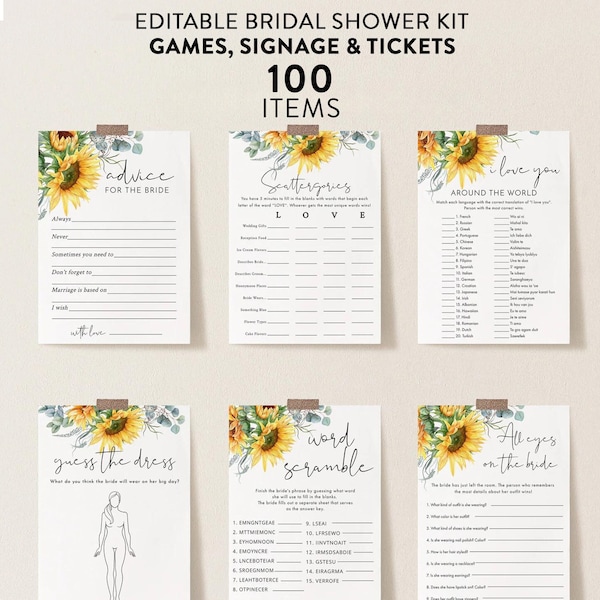 Sunflower Bridal Shower Games, Sunflowers Bundle, 100 Items, Personalize Name and Questions, Edit with Corjl #83