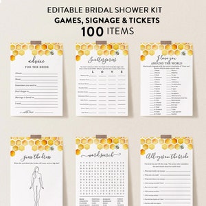 Honey Bee Bridal Shower Games Bundle, Editable Package, Personalize Name and Questions, Edit Text with Corjl #024