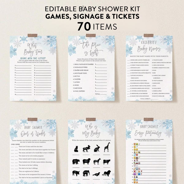 Snowflakes Baby Shower Games, Blue Silver Baby Game Printable, Winter Baby Bundle, Party Game Cards, Corjl Template #22